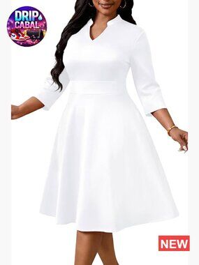 Polyester Elastane V-Neck Midi Dress with Pockets Fit and Flare